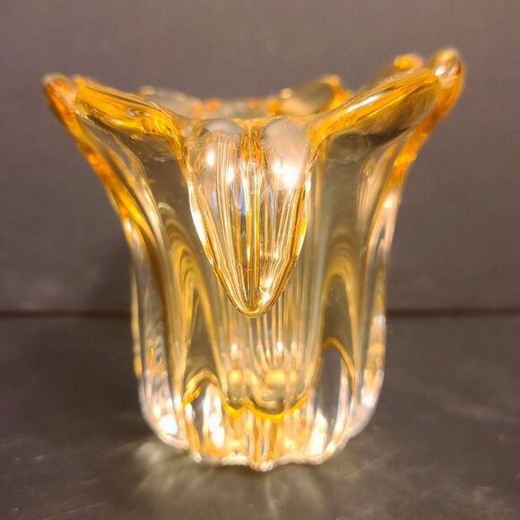 Tulip Blown Art Glass Vase Bowl Amber Clear Ribbed Drip Waterfall - Picture 2 of 6